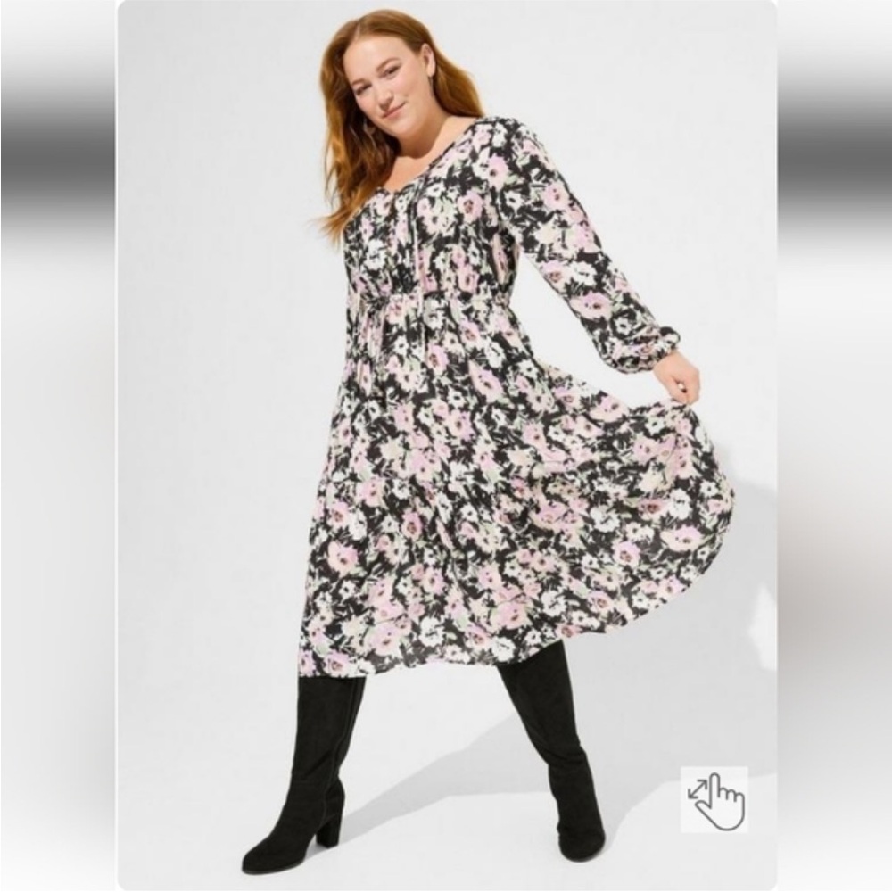 Torrid midi Swiss dot pleat long sleeve dress. black and pink floral midi dress